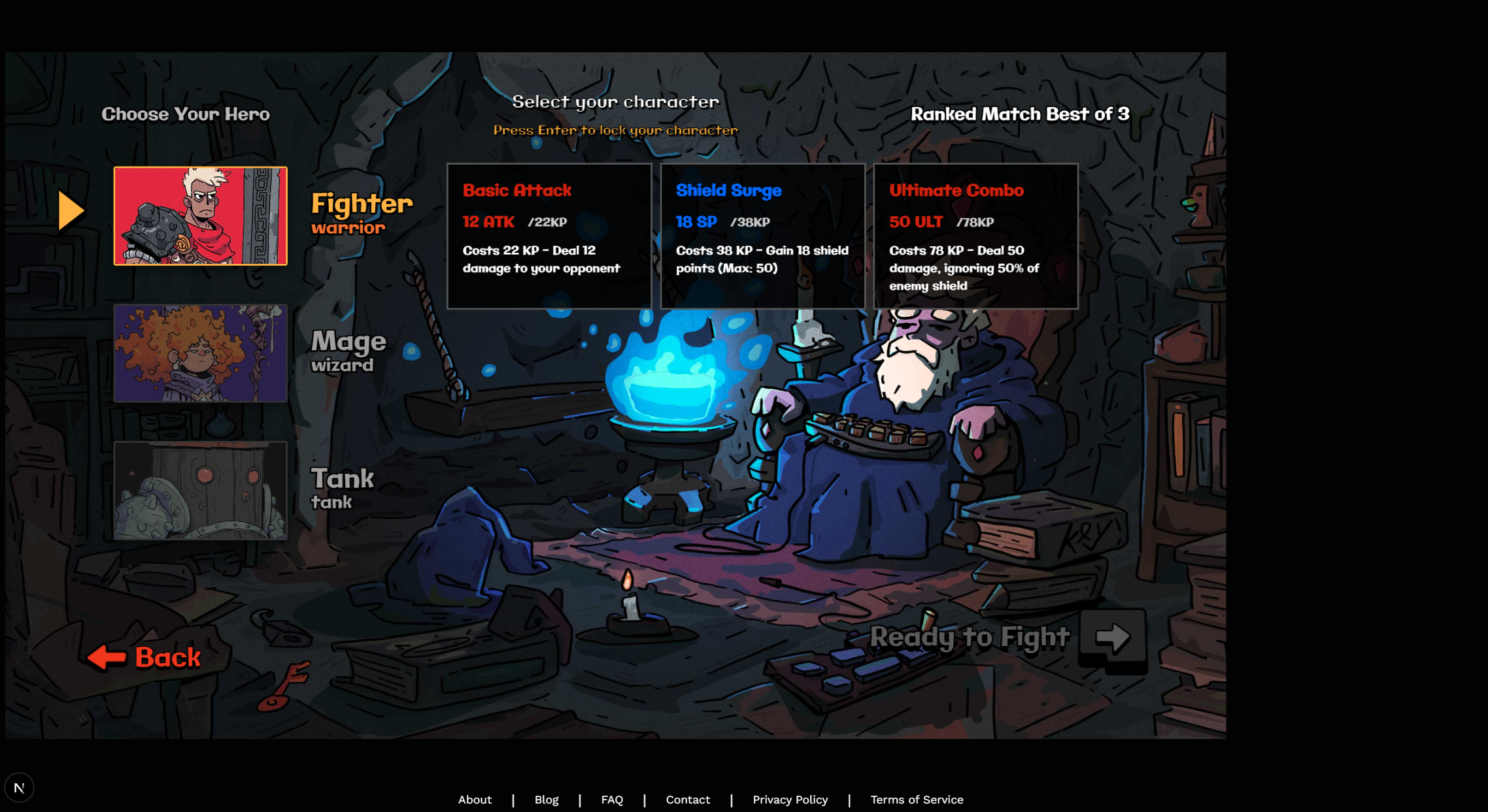 KeyWars Character Selection Screen - Choose Fighter, Mage, or Titan